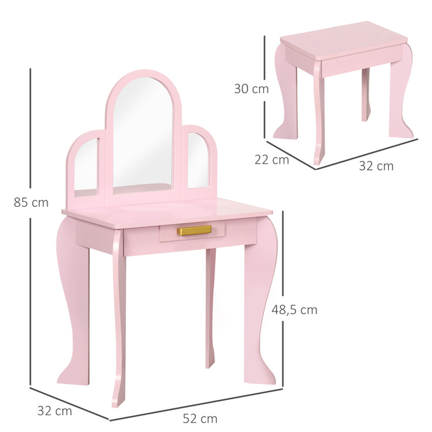 Kids Dressing Table and Stool w/ Mirror and Drawer, for Ages 3-6 Years - Pink