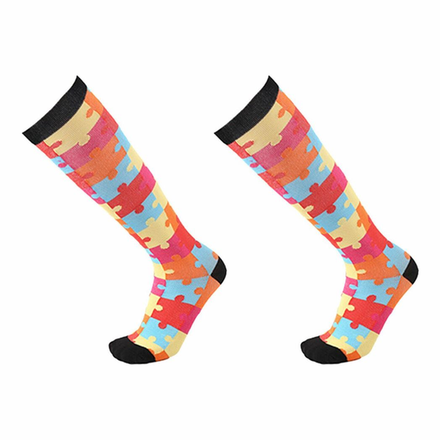 Flo Fashion Bright Pattern Knee-High With Nylon, Yarn & Spandex Compression Sock, Puzzle, L/XL