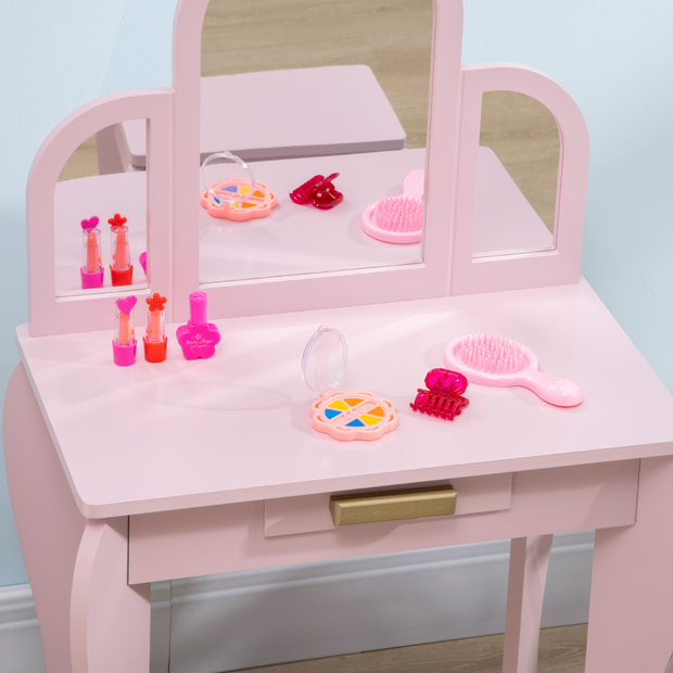 Kids Dressing Table and Stool w/ Mirror and Drawer, for Ages 3-6 Years - Pink
