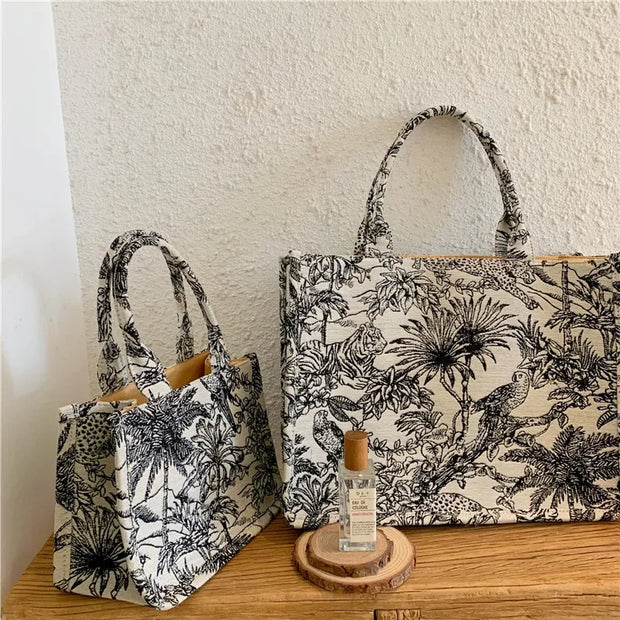 Embroidered women's bag, new tote bag, handbag, large capacity woven shopping bag, single shoulder canvas bag, women's bag