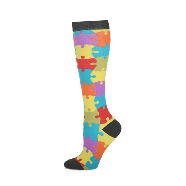 Flo Fashion Bright Pattern Knee-High With Nylon, Yarn & Spandex Compression Sock, Puzzle, L/XL
