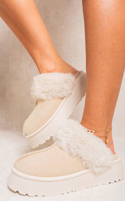 Faux Fur Trim Whisp Chunky Platform Slippers