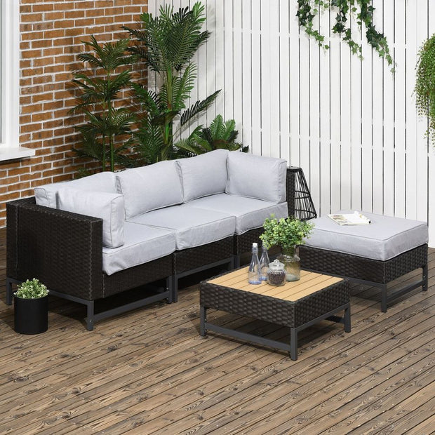 5 PCS Rattan Corner Sofa, Rattan Garden Furniture Wood Grain Plastic Top Table