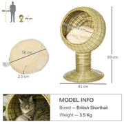 PawHut Raised Cat House, Natural Mat Grass Cat Bed w/ Stand Cushion, 41x 69 cm
