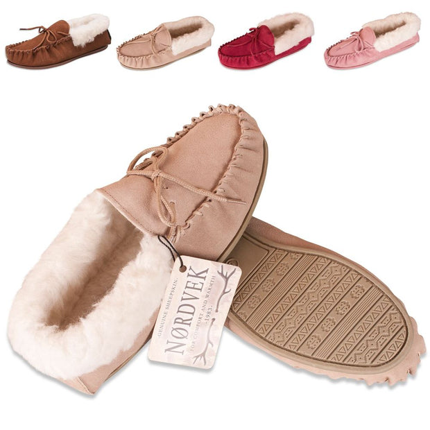 Nordvek Womens Sheepskin Suede Moccasin Slippers With Rubber Sole - 417-100