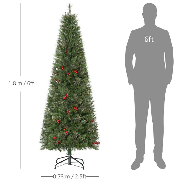 6ft Artificial Christmas Tree Holiday with Pencil Shape, Berries HOMCOM