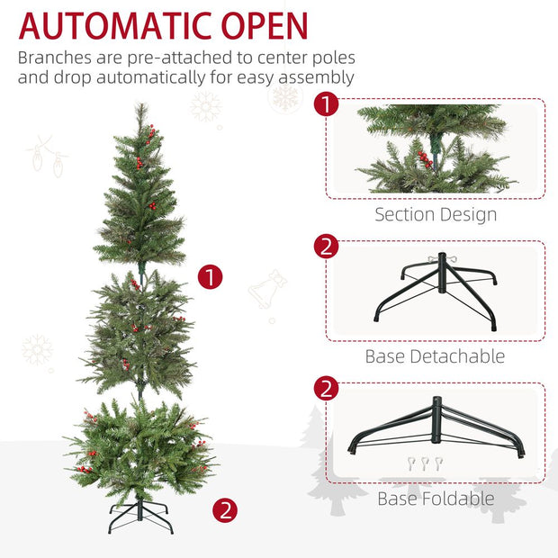 6ft Artificial Christmas Tree Holiday with Pencil Shape, Berries HOMCOM