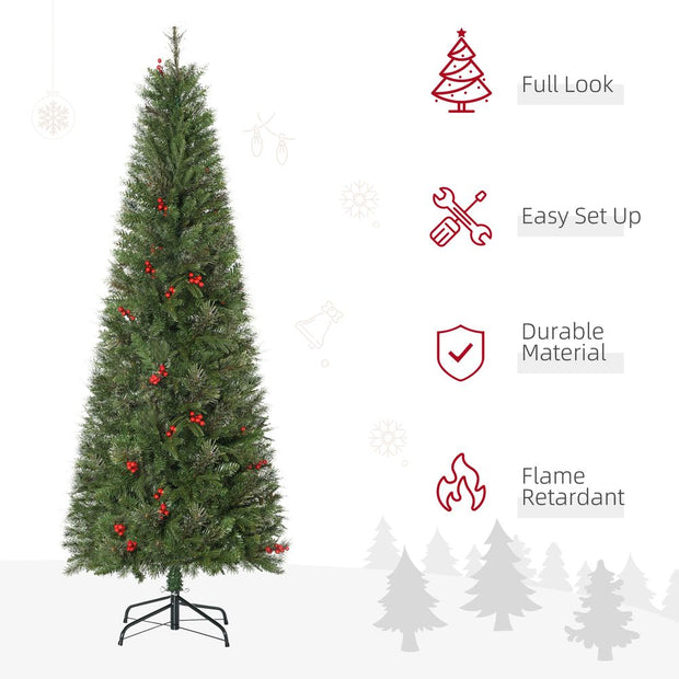 6ft Artificial Christmas Tree Holiday with Pencil Shape, Berries HOMCOM