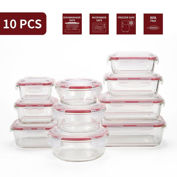 10 PCs Rectangle Round Square Airtight Glass Food Containers with Lids -Storage Kitchen Containers