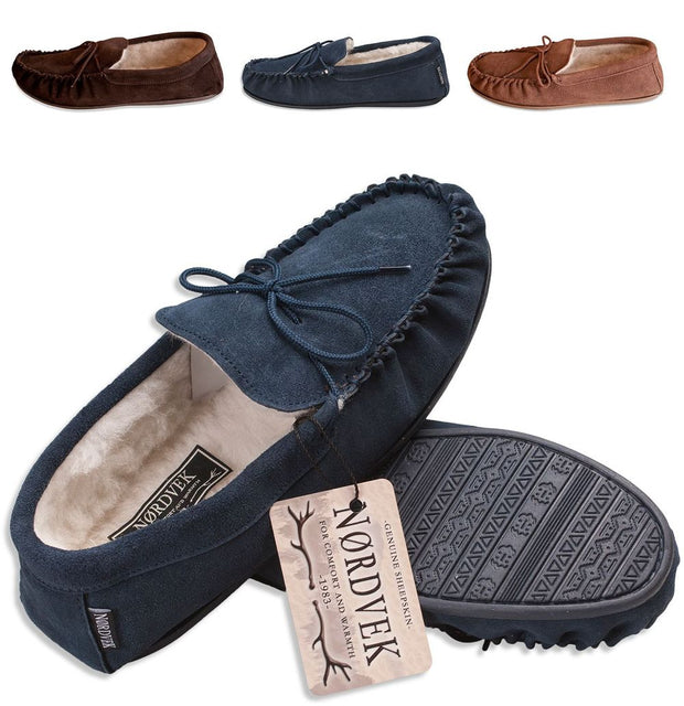 Nordvek Mens Sheepskin Suede Moccasin Slippers With Rubber Sole - 422-100