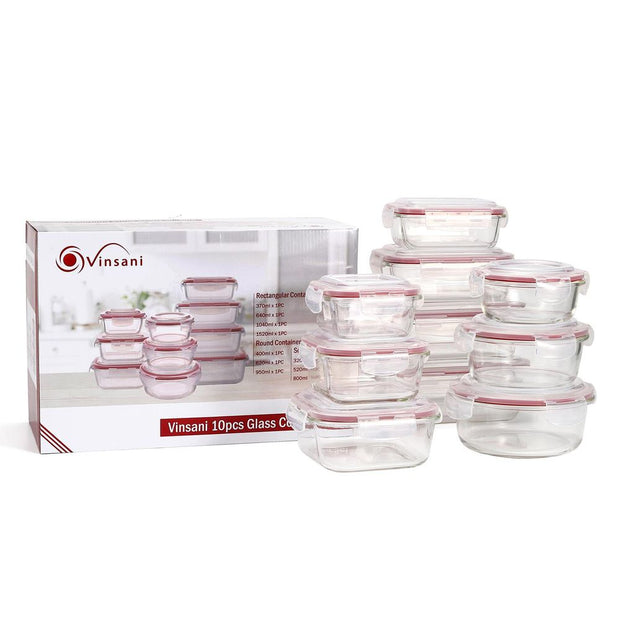 10 PCs Rectangle Round Square Airtight Glass Food Containers with Lids -Storage Kitchen Containers