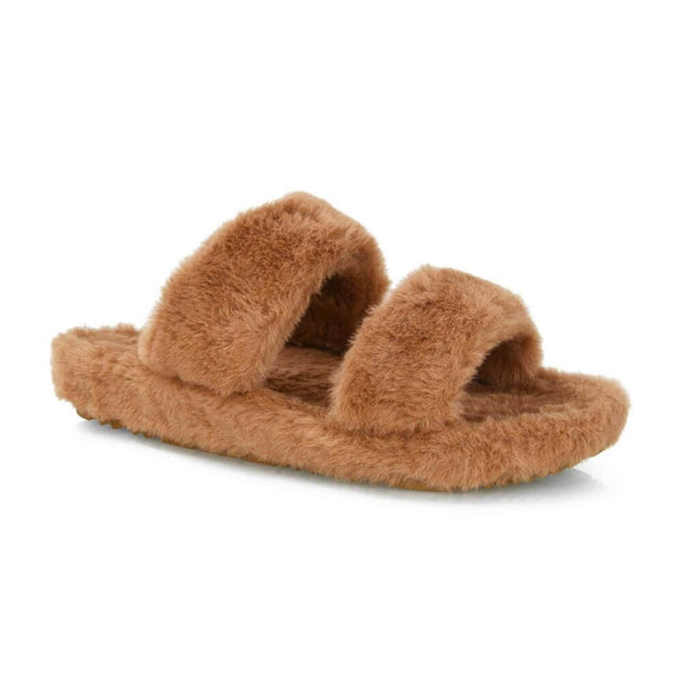 Womens Fluffy Double Strap Slippers Ladies Faux Fur Slip On Sliders Size 3-8