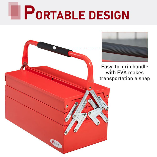 Metal Tool Box 3 Tier 5 Tray Professional Toolbox, 45x22.5x34.5cm, Red