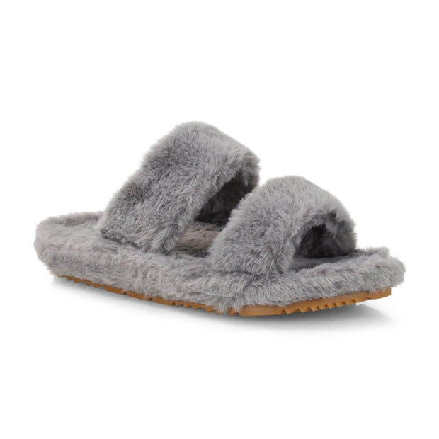 Womens Fluffy Double Strap Slippers Ladies Faux Fur Slip On Sliders Size 3-8